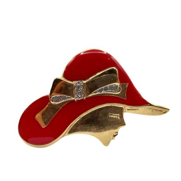 Vintage Gold Tone & Red Enamel "RED HAT SOCIETY" Crystal Accents Brooch - Picture 1 of 7